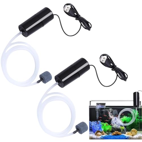 2PCS Aquarium Air Pump Mini USB Fish Tank Oxygen Air Pump Fish Tank Bubbler Portable Energy Saving Oxygen Bubbler Aerator Ultra Silent Oxygen Bubbler with Air Stone and Outlet Silicone Tube