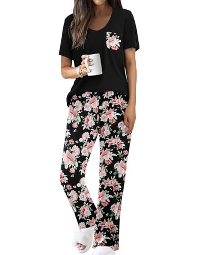 Image of Famulily Black Pyjamas for Women Classic Loose Short Sleeve Pjs Set with Pockets Soft Nightwear M