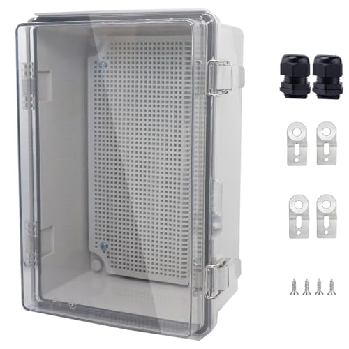IP67 Waterproof Junction Box, ABS Plastic Electrical Enclosure with Stainless Steel Latch, Hinged Cover Electric Box with Mounting Plate, Wall Brackets &amp; Cable Glands 290x190x140