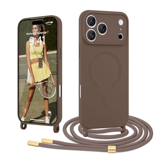 Ethanger Handyband für iPhone 17 Pro Hülle mit Band [Kompatibel mit Magsafe] Flüssig Silikon Necklace Handyhülle Magnetische Schutzhülle zum Umhängen Kordel für iPhone 17 Pro Braun
