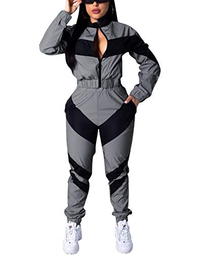 Women Colorblock Two Piece Outfits Set High Waist Pants Long Sleeve Zipper Front Windbreaker Fall Clotehs for Women Black L