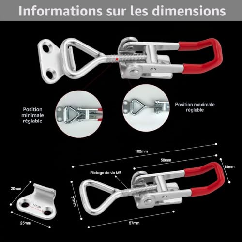 TONAUP Loquet à Bascule en Métal, 10 Pièces Sauterelles de Menuisier Réglable, GH-4001 Fermoir Attache Rapide Fixation Boucle Avec Boucle RéGlable – vue 5