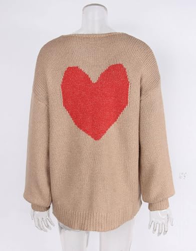 Image of Women's Tie Cardigan Sweaters Long Sleeve Chunky Knit Big Cute Heart Sweater Coats Khaki Large