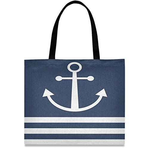 visesunny Women's Large Canvas Tote Shoulder Bag Nautical Stripe Anchor Navy Blue Top Storage Handle Shopping Bag Casual Reusable Tote Bag for Beach,Travel,Groceries,Books