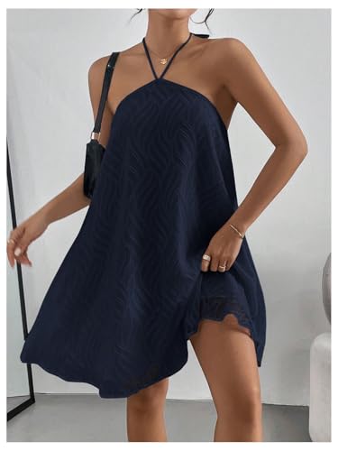 Image of MakeMeChic Women's Halter Dress Summer White Beach Mini Backless Flowy Short Dress