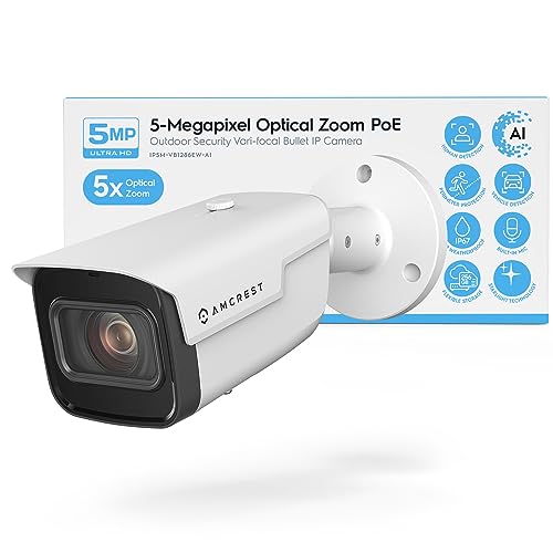 Amcrest 5MP Optical Zoom AI IP PoE Camera, Varifocal Outdoor IP POE Camera Bullet, Human & Vehicle Detection, 2.7mm~13.5mm Lens, IP67, 5X Optical Zoom, (IP5M-VB1286EW-AI)