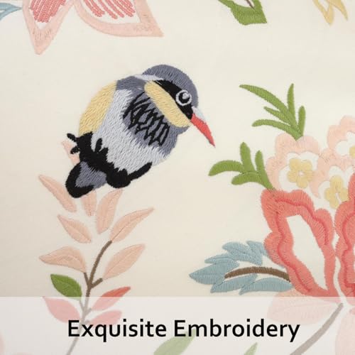 Housse de coussin brodée oiseaux et fleurs roses 45x45 cm pour déco de salon rustic