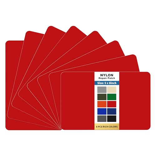 KING MOUNTAIN Self Adhesive Nylon Fabric Repair Patch, 5×8 Inches 8 Pcs, Quick Down Jacket Repair Patch, Waterproof Outdoor Gear Patch Kit for Tent,Backpacks,Umbrella, Gloves, Sleeping Bag (Red)