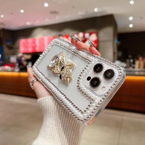 Image of COVERLY Luxury 3D Rhinestone Pearl Diamond Bling Kitty Phone Case for iPhone 15 Pro Max - Sparkle DIY Handmade Crystal Design, Soft Fashion Protective Case with Adorable Phone Charm for Women & Girls