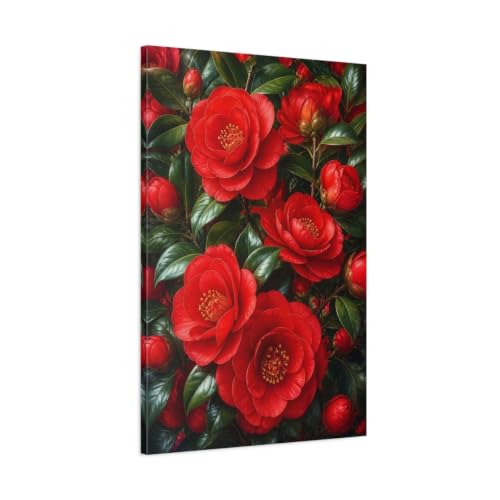 Toile camélia rouge et vert 60x90 cm pour décoration verticale de salon