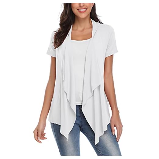 Women’s Open Front Cardigan Irregular Hem Short Sleeve Outfits (L, White)