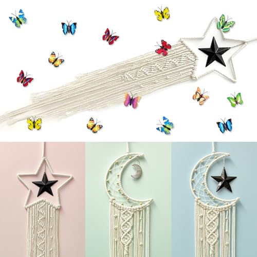 Boho Woven Wall Hanging, Macrame Wall Decor Crochet Crescent Moon Star, Bohemian Handmade Woven Tapestry Dream Catcher (3pcs)