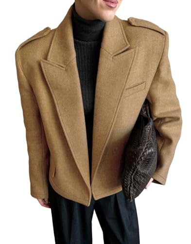 CHARTOU Women Open Front Crop Wool Jacket Coat Winter Notch Lapel Blazer Pea Trench Coat Overcoat