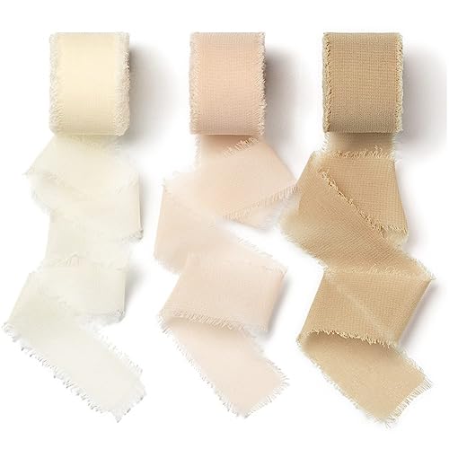 AOKSUNOVA Ruban Beige 18,9 m x 2,5 cm en Mousseline de Soie - Ruban Cadeau à Franges pour Mariage