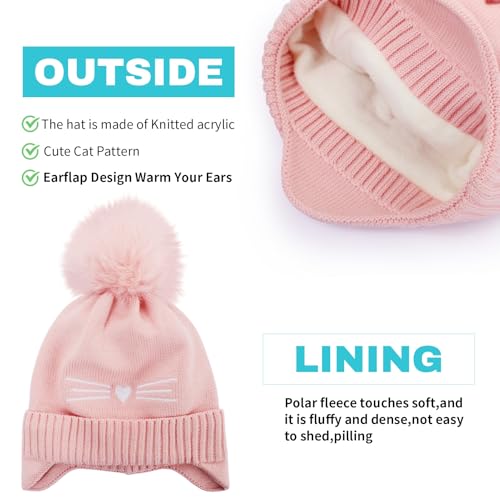 Image of Kids Beanie with Ear Flaps for Boys Girls Cat Knit Hats Fleece Lining Winter Outdoor Skull Snow Ski Cap Age 2-10
