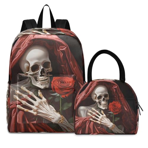 Backpack Lunch Box Set Large Capacity Travel Backpacks and Insulated Lunch Bag for Commute Hiking Picnic Skeleton with Rose Print