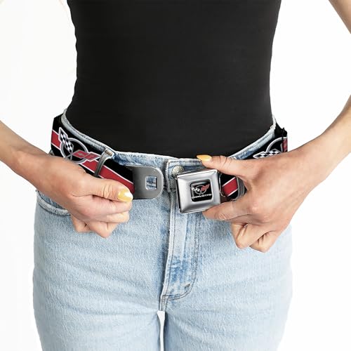 Image of Buckle-Down Seatbelt Belt - CORVETTE C5 Logo /Stripe Black /White /Red /Gray Repeat - 1.0 inch Wide - 20-36 Inches in Length