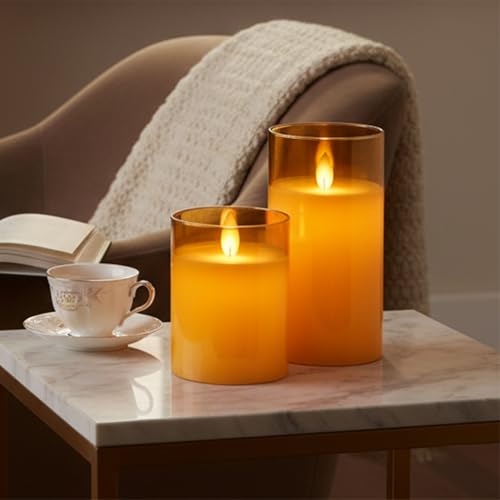 Image of LTETTES LED Glass Cup Pillar Flameless Electric Candles | Flickering Faux Wick | White Color Glass | Battery Powered with Multifunctional Remote Controller for Home Decor | Set of 3 3 inch D x 4 inch,5 inch,6 inch H