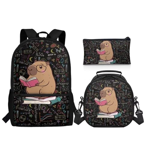 Cartoon Capybara Backpack for Boys Girls 3 Pack School Backpacks Set Reusable Lunch Box Pencil Bag Big Capacity Schoolbag with Side Pocket Adjustable Strap