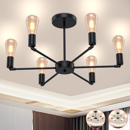 TRUMPETS Lámpara de Techo Industriale 360W Max, 6 E27 Portalámparas con Rotación de 360, Vintage Lámpara Colgante de Techo, lafon Techo Moderno Negro para Salón, Estudio, Dormitorio, Cocina y Comedor