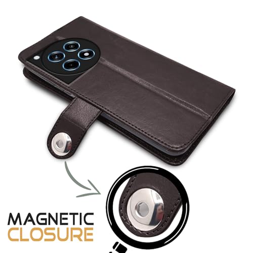 Image of Pikkme OnePlus 12R 5G Flip Cover Leather Finish | Inside TPU with Card Pockets | Wallet Stand and Shock Proof | Complete Protection Button Flip Case (Coffee)