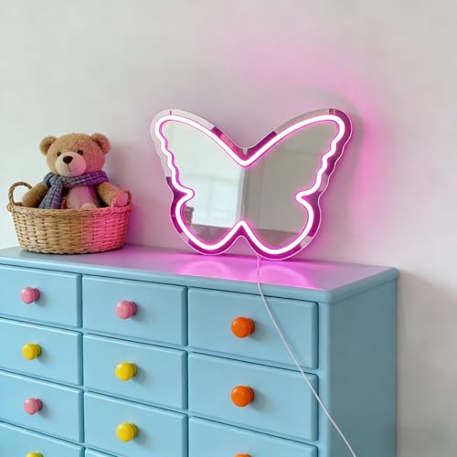 KATMBFUE Butterfly Neon Sign with Mirror Backing - Dimmable LED Mirror Wall Decor for Girl's Bedroom, 16x12 Inch Glowing Pink Butterfly Vanity Mirror with Lights, USB Powered Kids Room Gift — view 6