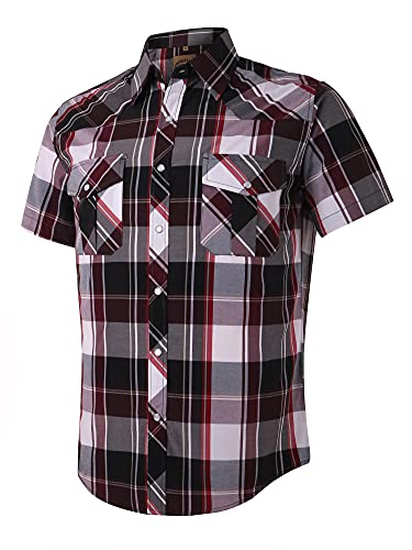 COEVALS CLUB Men's Western Plaid Pearl Snap Buttons Two Pockets Casual Short Sleeve Shirts (3XL, 20#red,Purple)