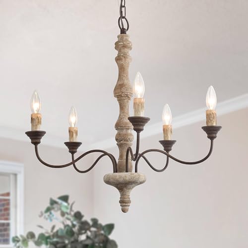 GEPOW Farmhouse Chandelier, 5-Light French Country Chandelier, Rustic Distressed Wood