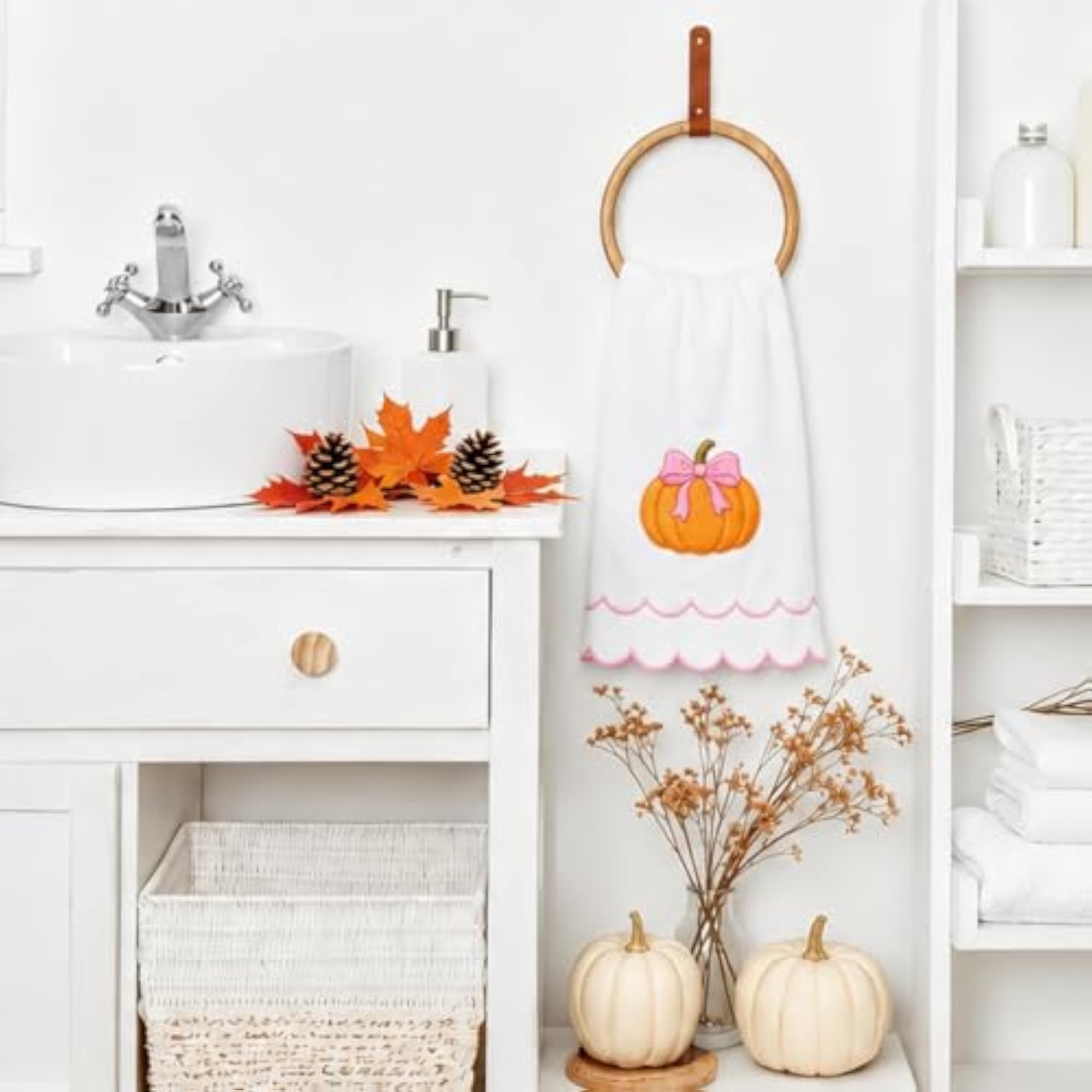 Fall Pumpkin Hand Towels Coquette Pink Bow Set