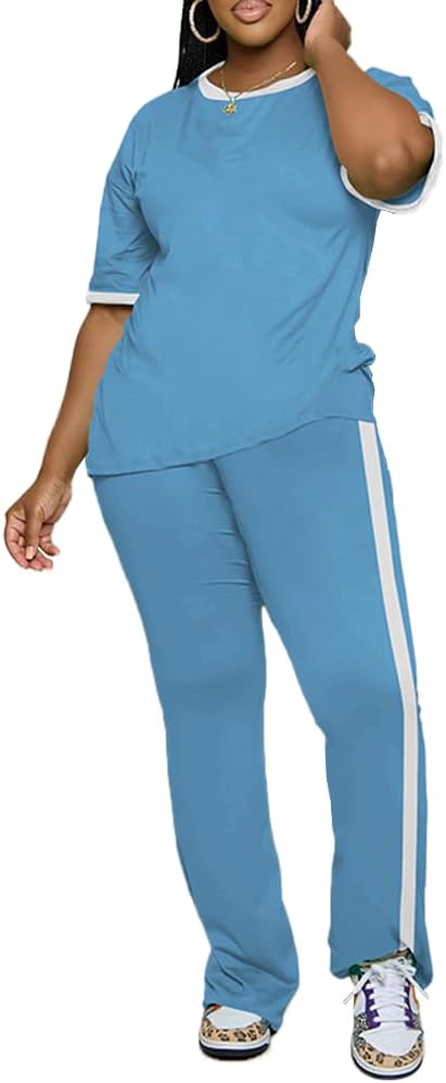 PINSV 2 Piece Sets for Women Summer Casual Short Sleeve Top and Flare Pants Lounge Sets - Image 3