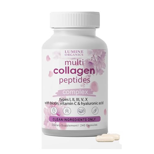 ETUIH Lumine Organics Collagen Hydrolyzed Collagen Peptides Capsules Type I II III V X with Biotin Hyaluronic Acid Powder Vitamin C 240 Capsules