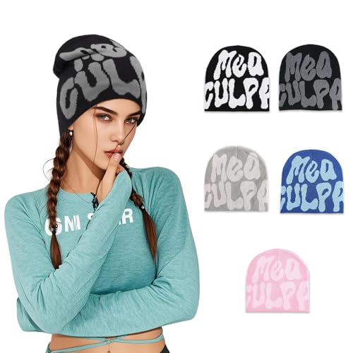 YSNeoBrim Y2k Beanies for Women Man MEA Culpa Beanie Unique Pattern Design Y2K Knitted Hat Suitable for All Seasons Wearing (US Alpha One Size Black Grey)