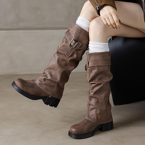 MRKEWUNEY Womens Chunky Low Heel Fold Over Boots Slouchy Biker Boots Platform knee High Boots4