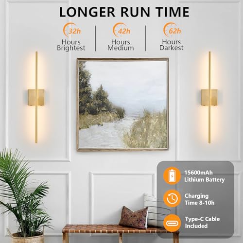 Image of 27.5 Inch Gold Battery Operated Wall Sconces Set of 2, LED Dimmable with Romote Control, 3CCT, Rechargeable, 360 Rotate, Wireless Wall Light for Living Room Hallway Bedroom