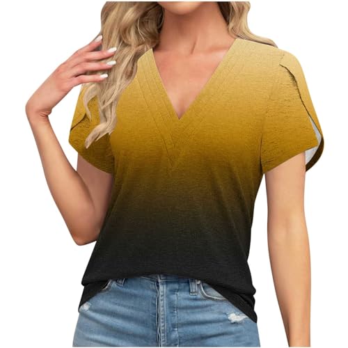 Camisetas de manga corta para mujer, diseño de pétalo, holgadas, con cuello en V, lisas, para verano, otoño, 2024, a la moda, Y2K, O-697 Amarillo mostaza, S