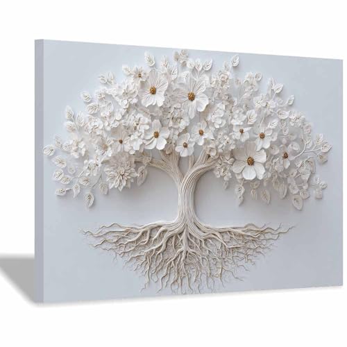 Peinture arbre de vie fleurs blanc 60x90cm avec cadre de qualité