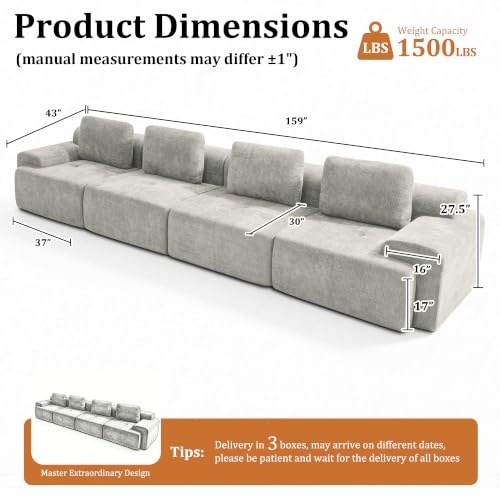 Image of 159 inch Oversized Boneless Couch, Comfort Cloud Sectional Couches for Living Room, Modular Sofa High Back & Extra Deep Seat, No Assembly, Soft Chenille Fabric (Light Grey, 159 inch-(4+0))