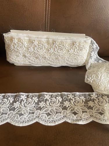 Image of Beeding Lace&Border Material for Suits,Saree&Dupatta per Meter,Used As Trims,Borders,Embroidery Lace,Fabric Lace,Sewing Supplies,Lace Applique, (Cream Rose 7cm)