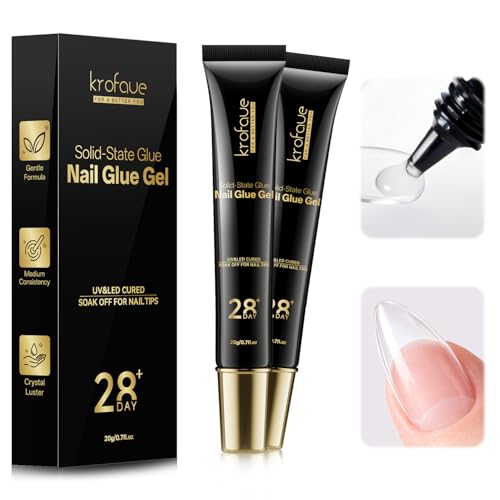 krofaue Solid Nail Glue Gel, Press on Nail Glue 2Pcs 20g UV LED Lamp Curing Strong Adhesion for Acrylic Nail Tips Rhinestones 3D Nail Gel Nail Extension, Art DIY Home Professional Salon Begi