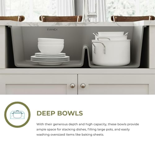 Image of EVANEX Quartz Kitchen Sink|Double Bowl Sink for Kitchen|Topmount /Undermount Kitchen Sinks|Grey Double Sink with Connector, Waste Pipe, Coupling and Drain Basket|34x20x9 Granite Kitchen Sinks