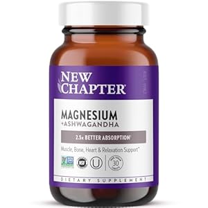 New Chapter Magnesium + Ashwagandha Supplement, 325 mg with Magnesium Glycinate, Calm & Relaxation, Muscle Recovery, Heart & Bone Health, 2.5x Absorption, Gluten Free, Non-GMO – 30 ct (1 Month Supply)