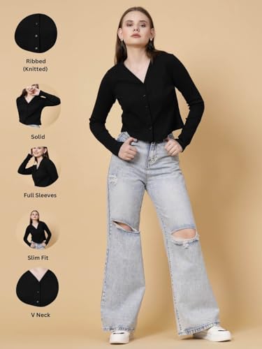 Image of Rigo Casual Wear V Neck Rib Knit Top for Women | Slim Fit Long Sleeves Western Tops for Women