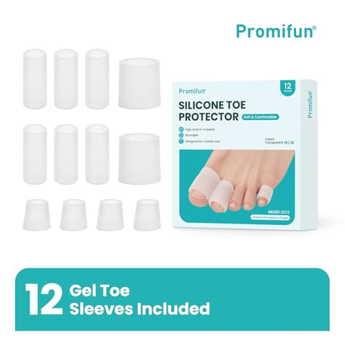 Image of Silicone Toe Protectors - 12 Pack Silicone Toe Sleeve for Hammer Toes, Corns, Calluses, Blisters - Soft Gel Toe Tube Pads for Pain Relief(Multi Sizes, Clear)
