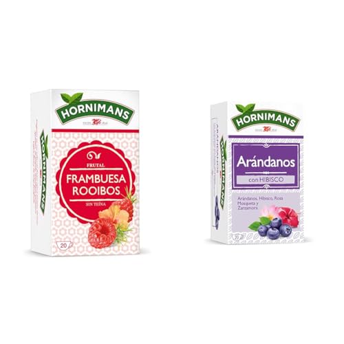 Hornimans Infusión de Frambuesa Rooibos 100% Natural | 20 bolsitas | Sin Teína & Infusión de Arándanos con Hibisco 100% Natural | 20 bolsitas | Con Teína