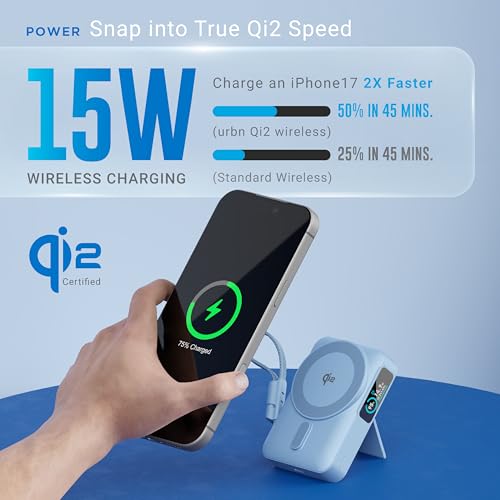 Image of URBN 10000mAh Flux Qi2 MagSafe Power Bank with Ai Powered Smart TFT Display | 15W Magnetic Fast Wireless Charging | 20W USB-C in-Built Cable for Charge & Recharge | Travel Friendly (Black)