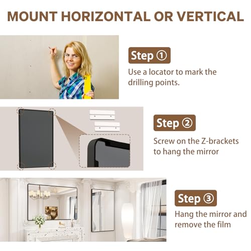 New Upgrade Bathroom Mirror, 60X40 Inch Black Metal Frame Wall Mounted Rounded Rectangle Bathroom Vanity Mirror with Tempered Glass for Washroom Bedroom Living Room