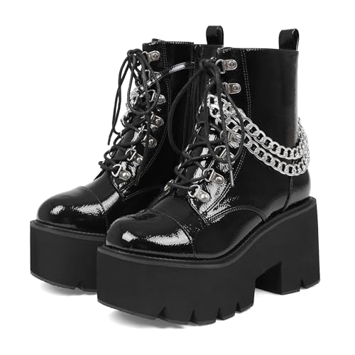 CYNLLIO Fashion Block Heel Platform Chain Combat Ankle Booties Women's Lace up Studded Motorcycle Boots Mid Calf Goth Boots