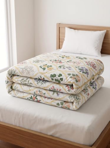 Image of Mafatlal 120 GSM Tulip Premium Single AC Comforter Blanket | Dual-Sided Reversible Microfiber Quilt Rajai | Ultra Soft Lightweight All Weather Duvet | 154 x 228 cm | Multicolor Cream