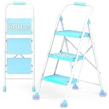 Step Ladder Foldable Folding Stool - for Home Adults Kitchen 3 Stepping Extension Tall Heavy Duty with Handrails - Closet Stepstool Stair Ladders Extendable Stepladder for Indoor House 600Lbs