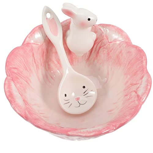 Rabbit Cabbage Bowl With Spoon, Ceramic Bunny Candy Dish For Fruit Salad Dessert Serving Bowl Decor As Girly Christmas Favor (Pink) #TOP12